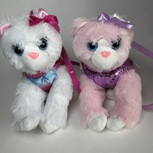 2 POOCHIE & CO Cat Purse Hand Bag Plush, Pink Sequins & White Pastel Stripes